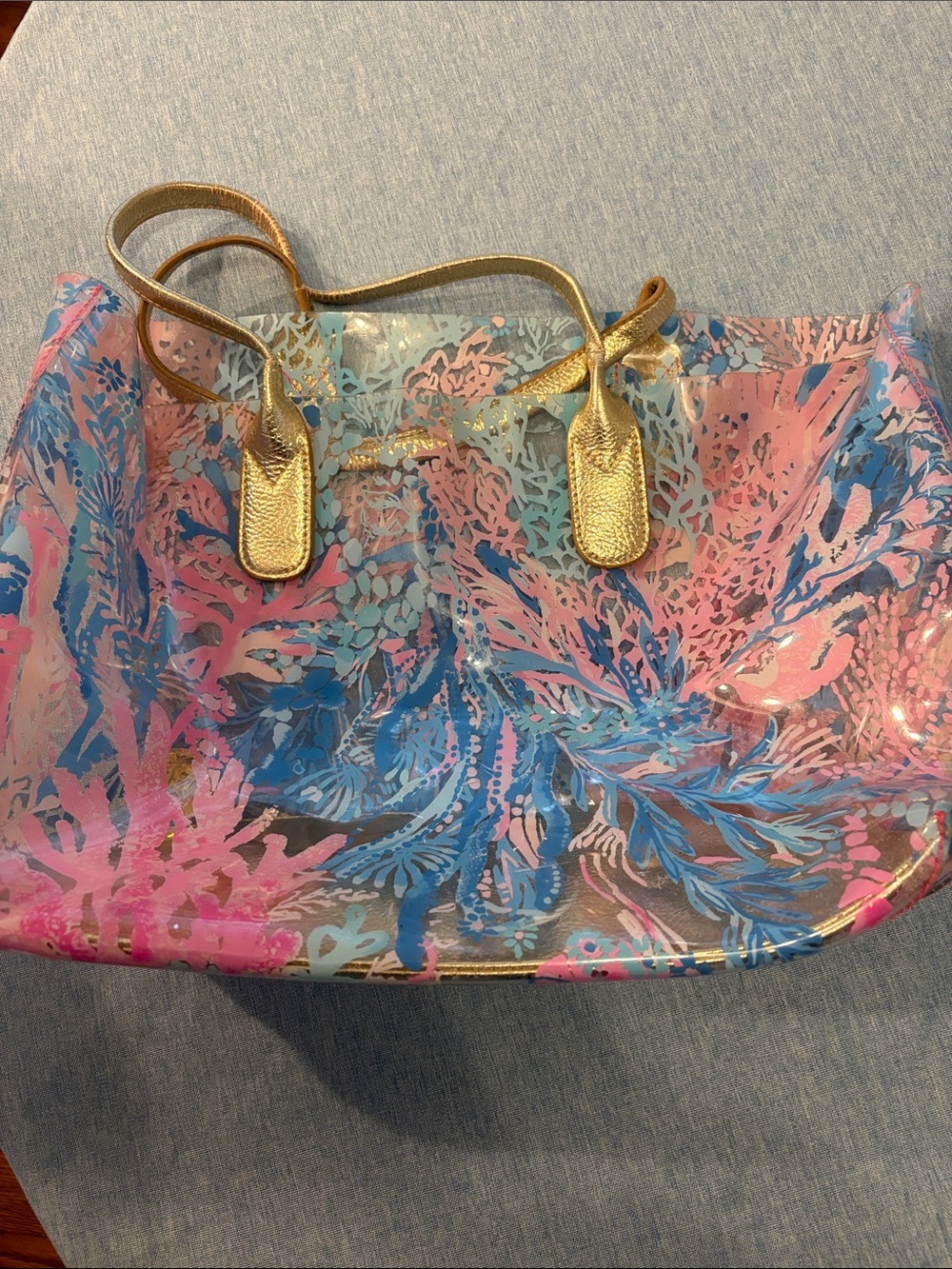 Lily Pulitzer Clear Pink & Blue Floral Tote with Gold Handles